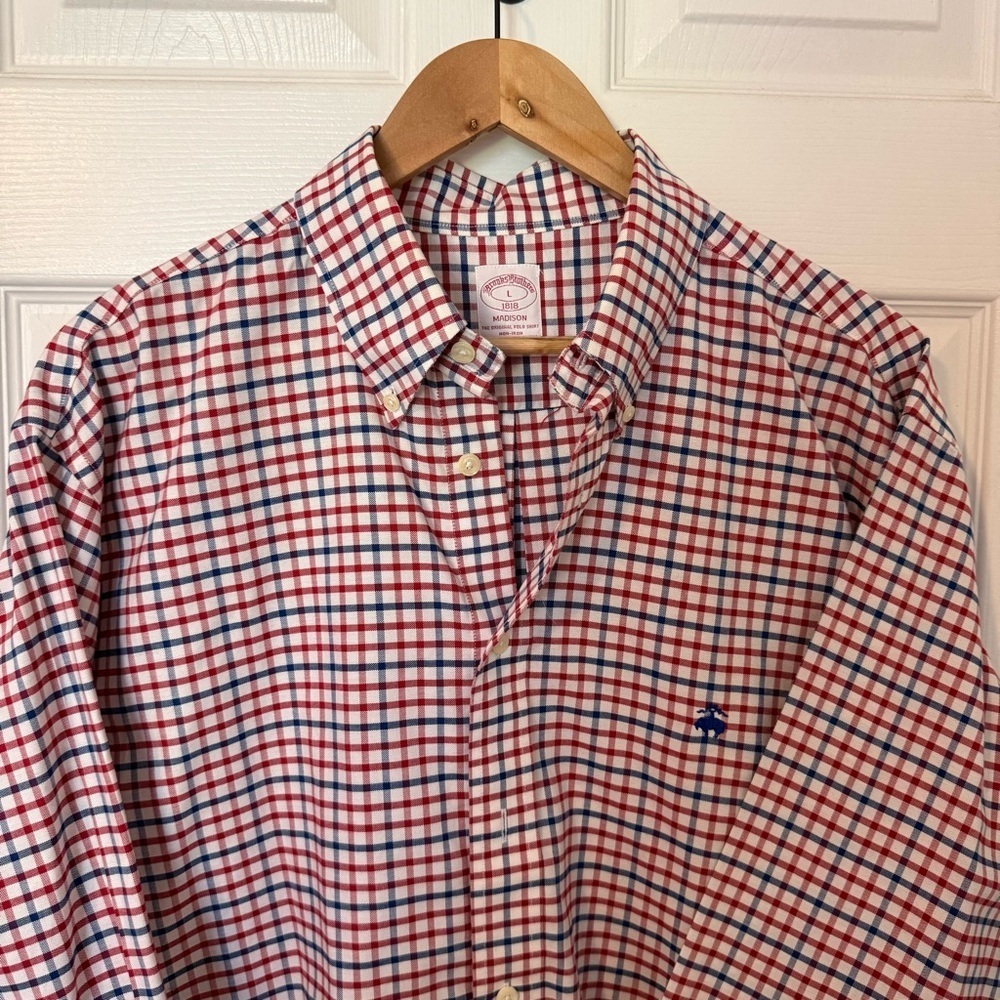 Brooks Brothers Madison Fit Gingham Non-Iron Sulpima Cotton Dress Shirt Large - Picture 2 of 7